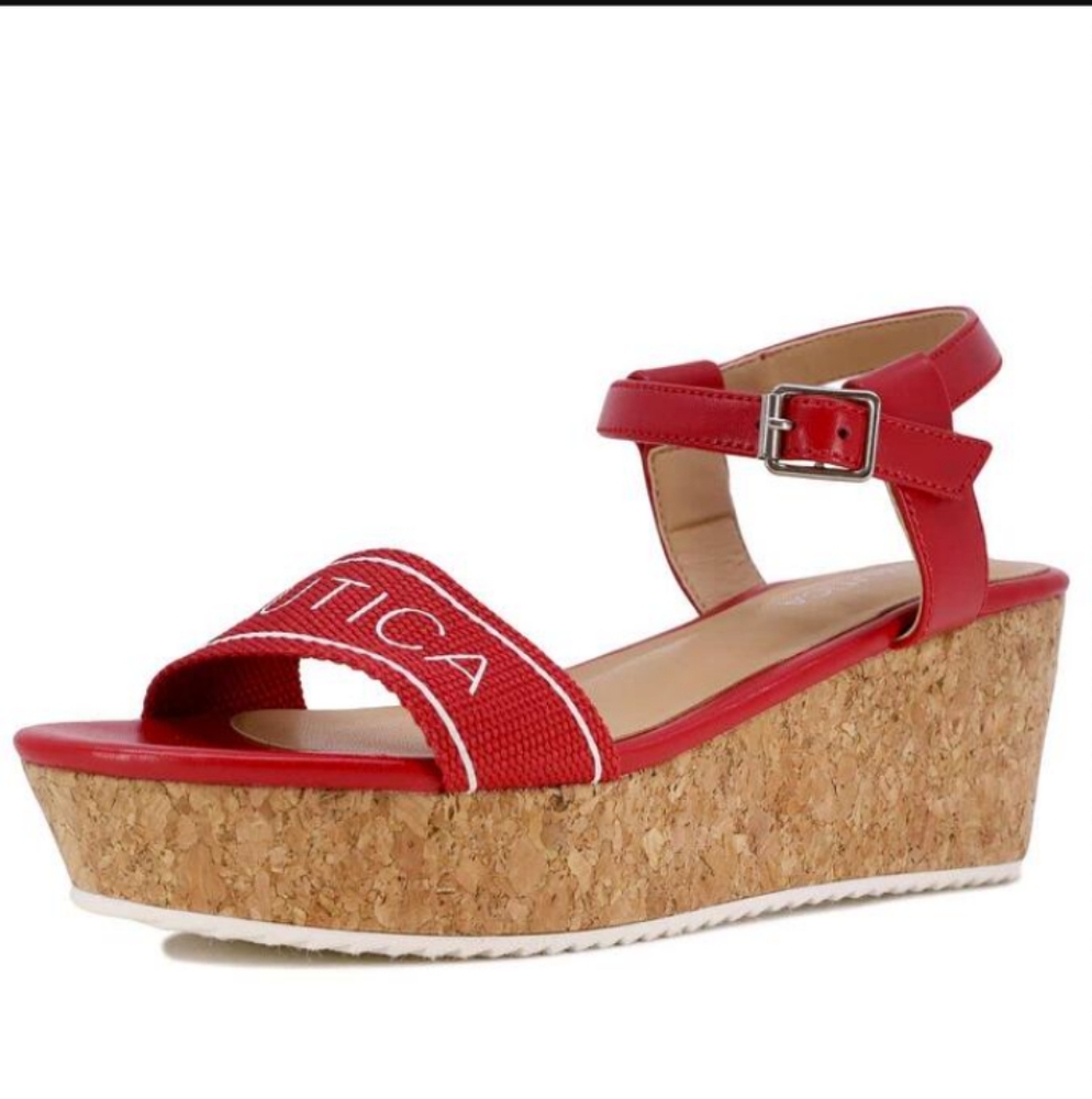 Nautica Women's Platform Sandals With Cork Wedge And Buckle Strap|SIZE 8.5 | RED